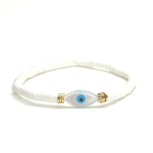
            
                Load image into Gallery viewer, Mother of Pearl Evil Eye Heishi Bracelet
            
        