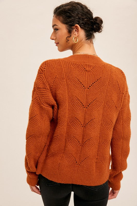 Pointelle Rust cardigan sweater